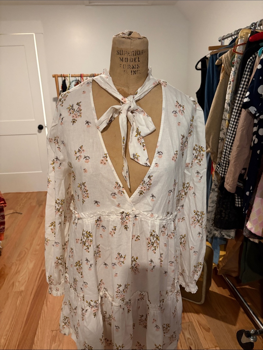 Free People White Floral Tie-Front Tiered Long Sleeve Dress NWT
